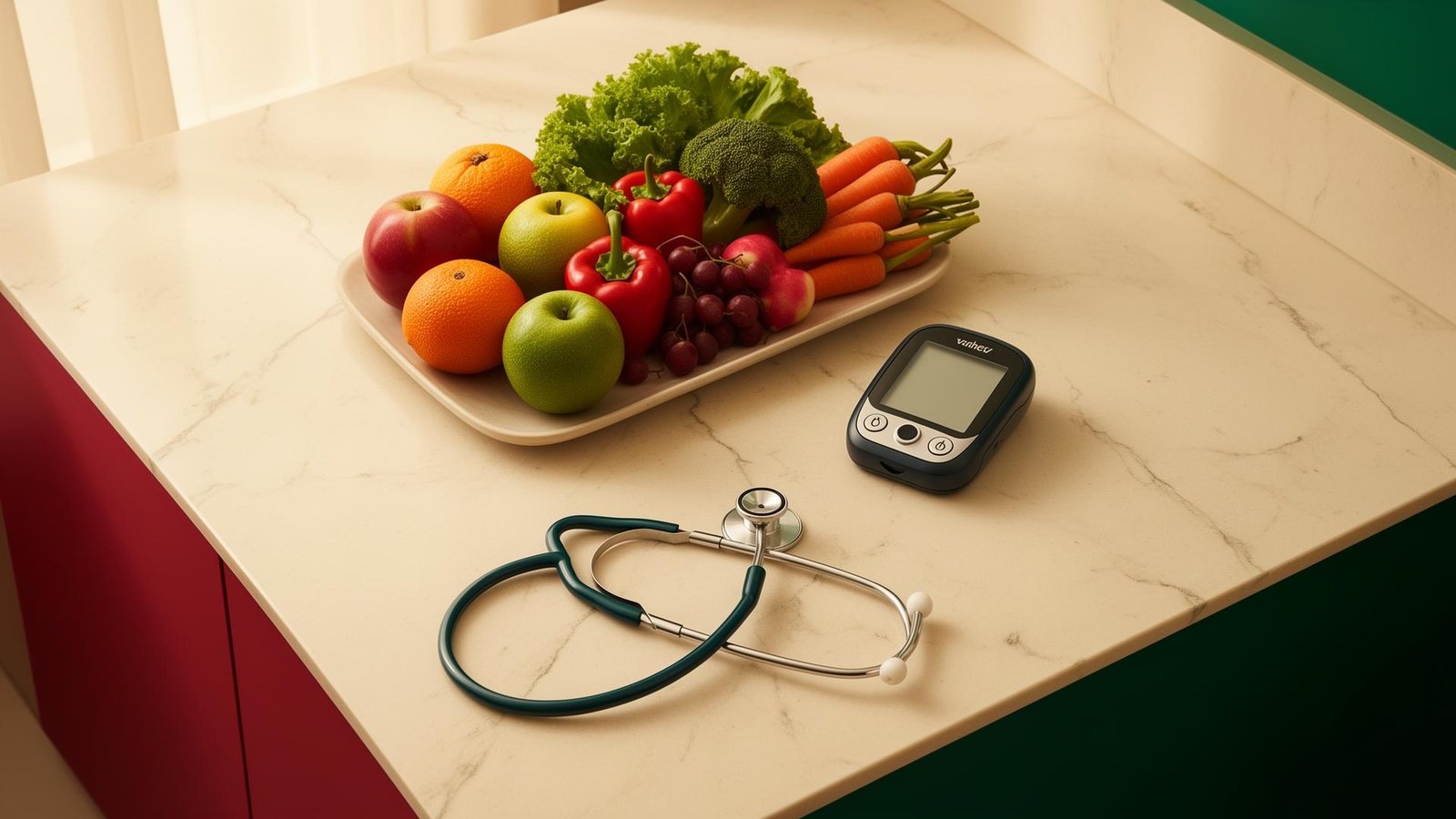 Healthy food, stethoscope and glucose meter